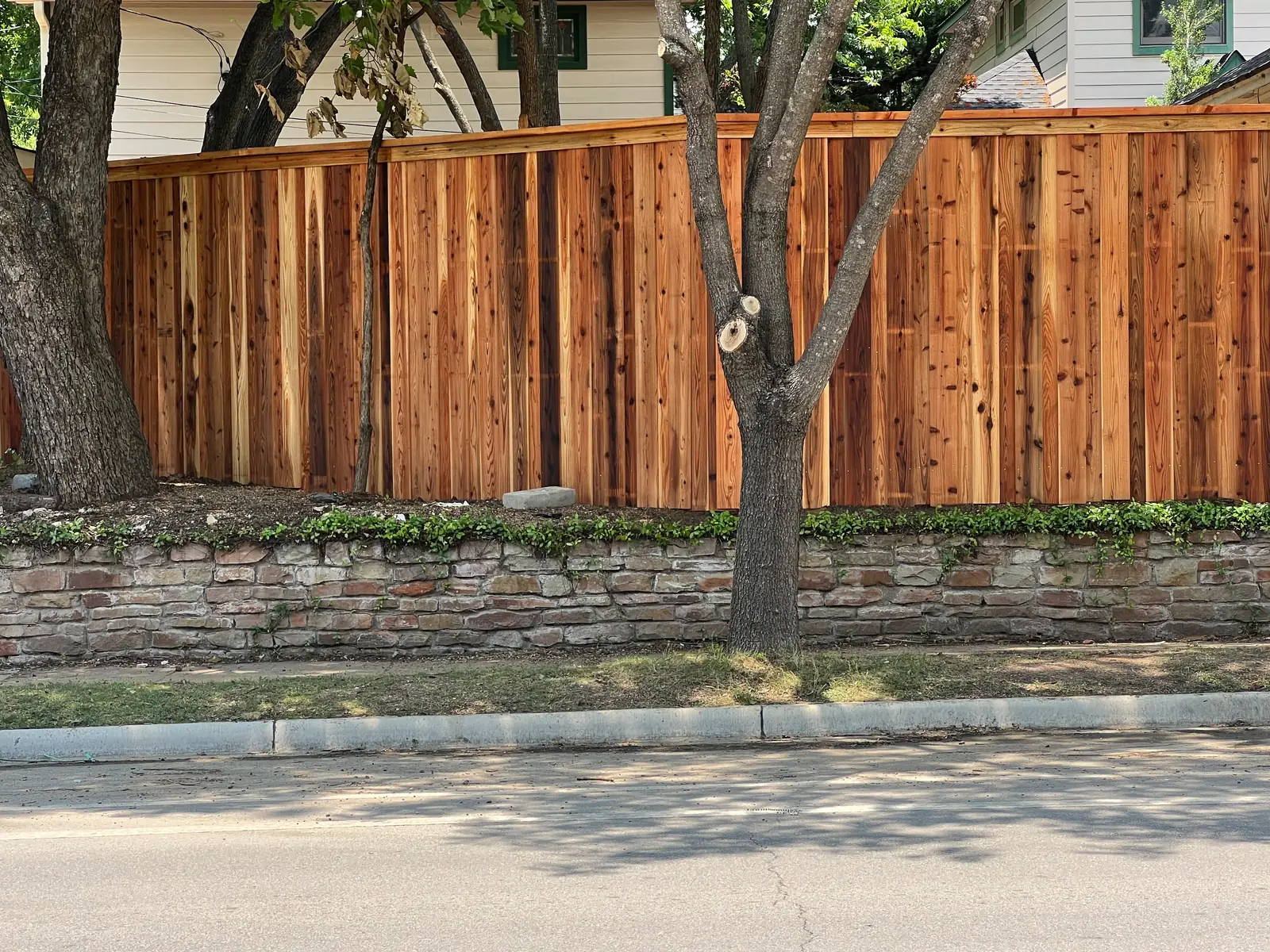 Cedar cap-rail fence street side with trees